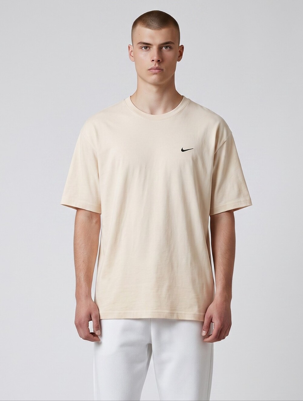Nike Beige Short-Sleeve Crewneck T-Shirt with Black Swoosh